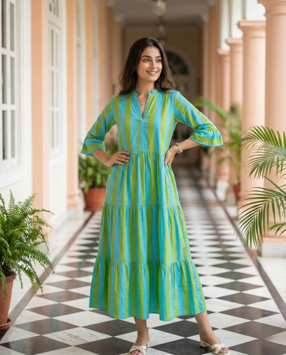 Blue & Green Striped Maxi Dress
