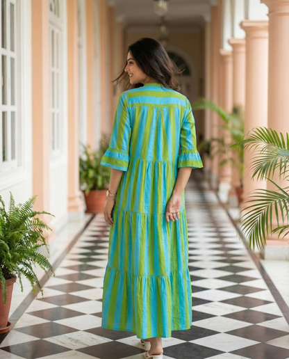 Blue & Green Striped Maxi Dress