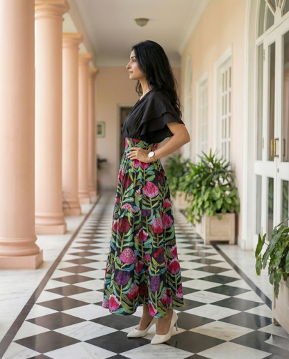 Black V-Neck Floral Midi Dress