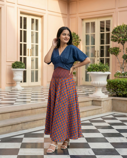 Rust & Blue Checkered Skirt Top Set