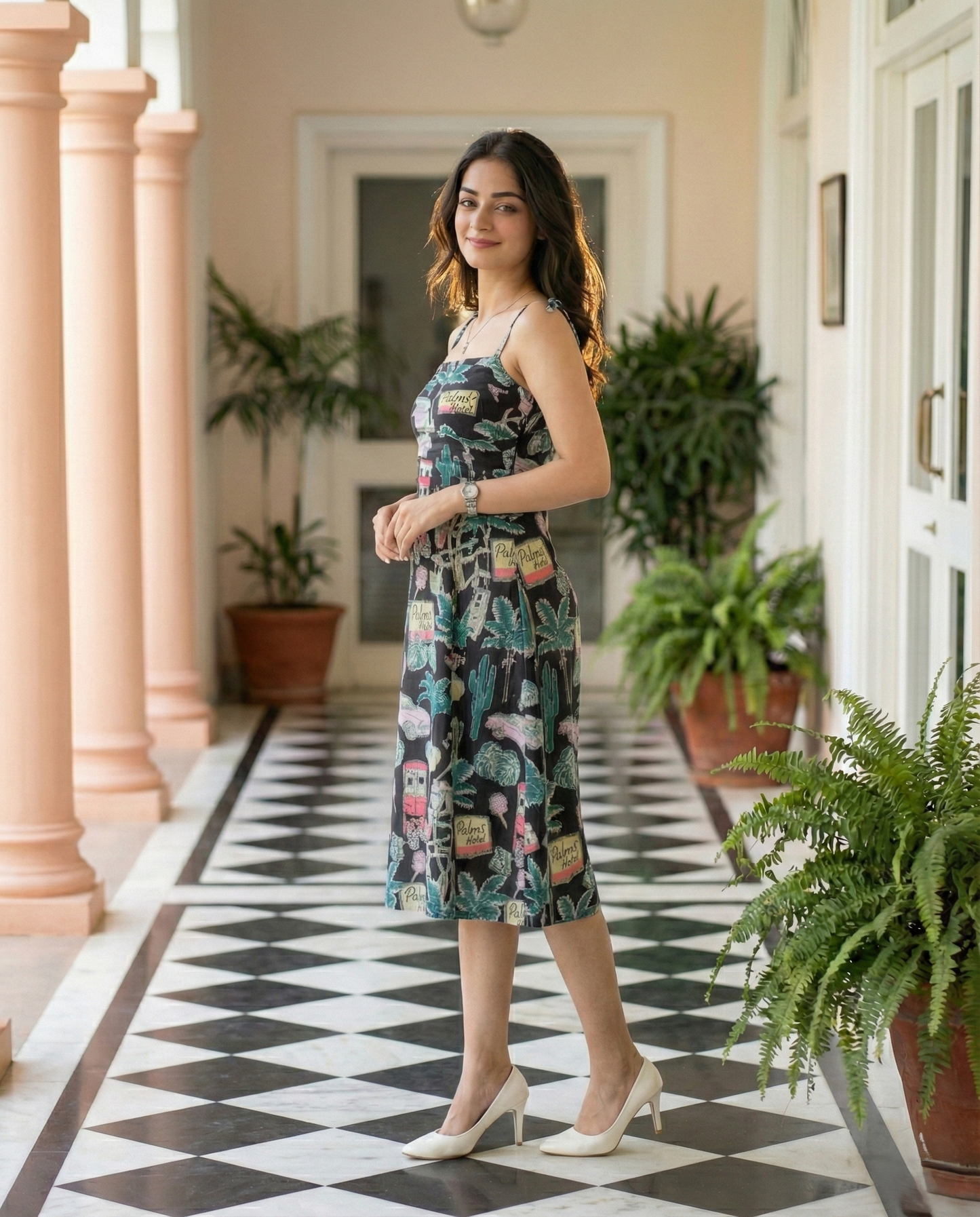 Black Botanical Flared Midi Dress