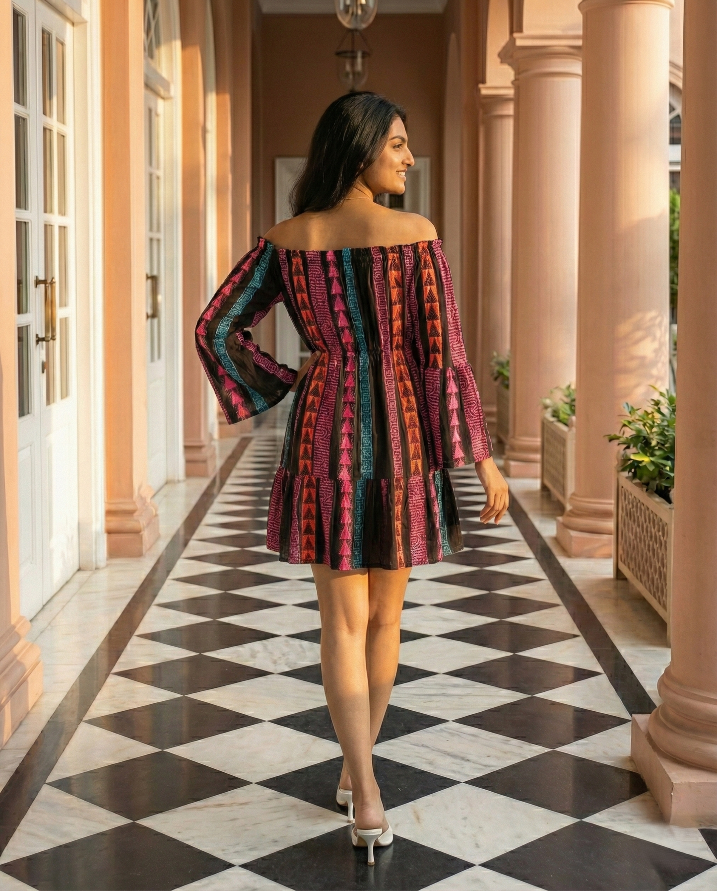 Black Off-Shoulder Printed Mini Dress