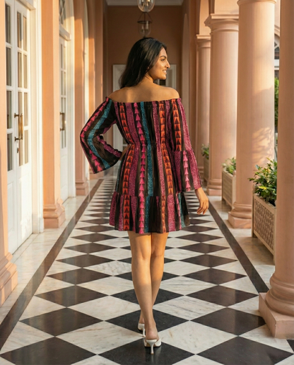 Black Off-Shoulder Printed Mini Dress