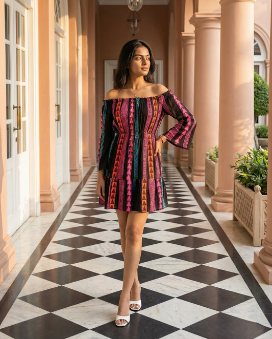 Black Off-Shoulder Printed Mini Dress