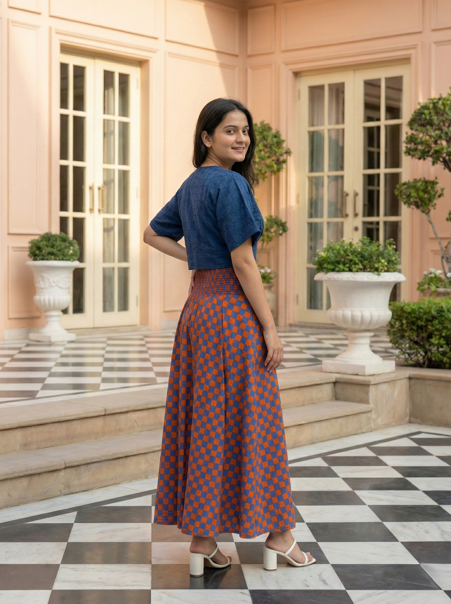 Rust & Blue Checkered Skirt Top Set