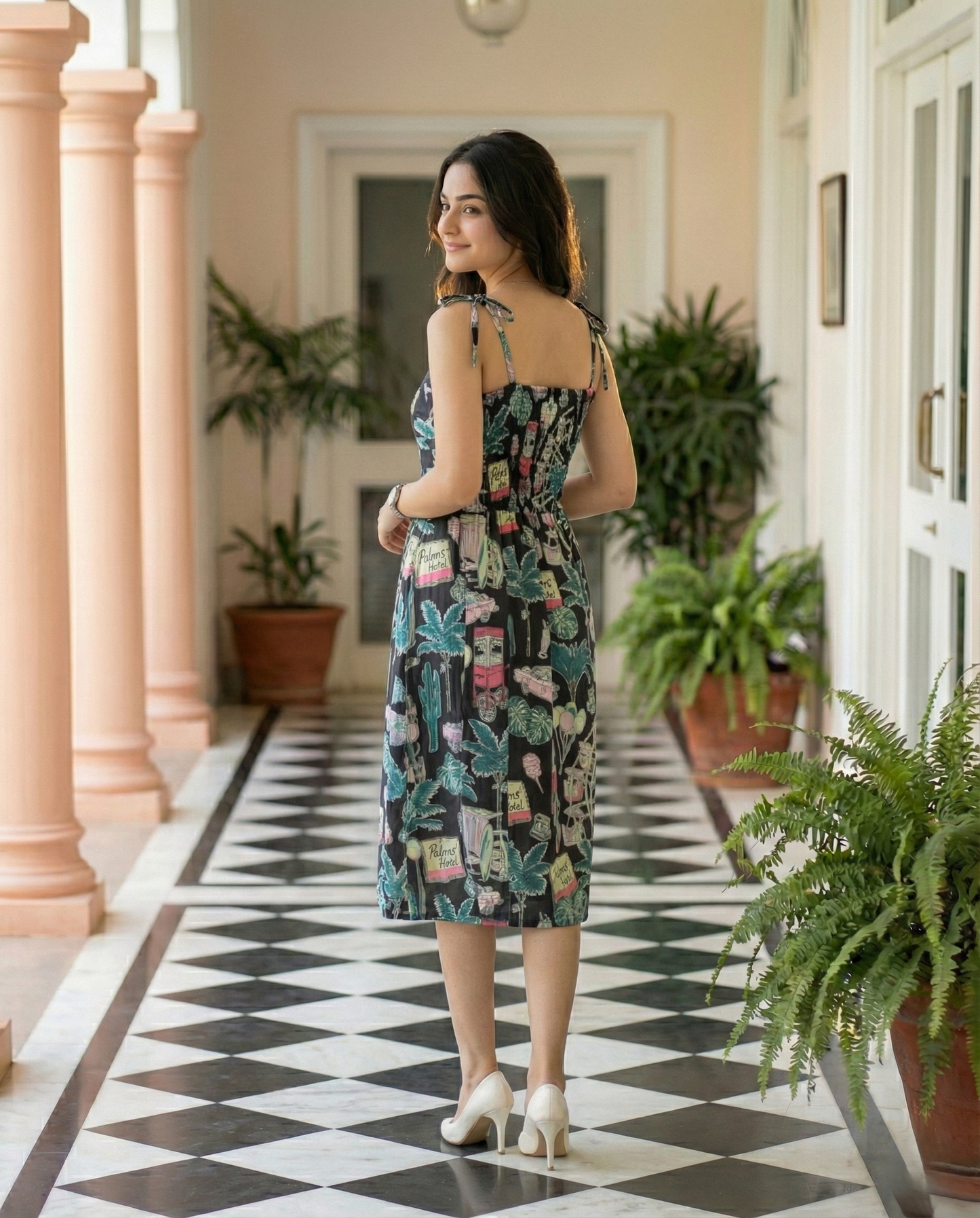 Black Botanical Flared Midi Dress