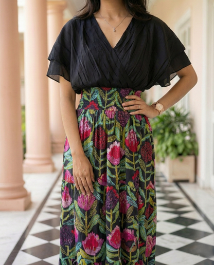 Black V-Neck Floral Midi Dress