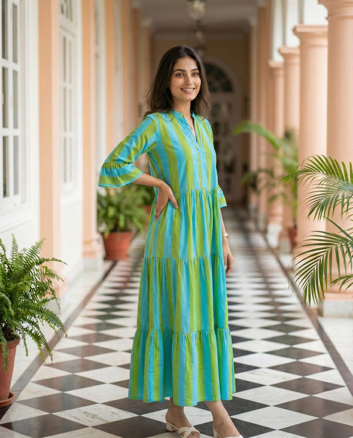 Blue & Green Striped Maxi Dress