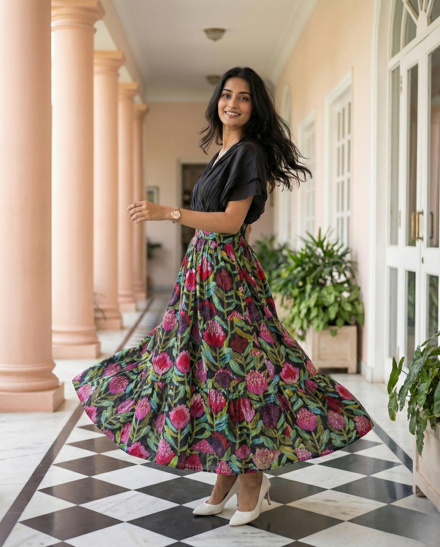 Black V-Neck Floral Midi Dress
