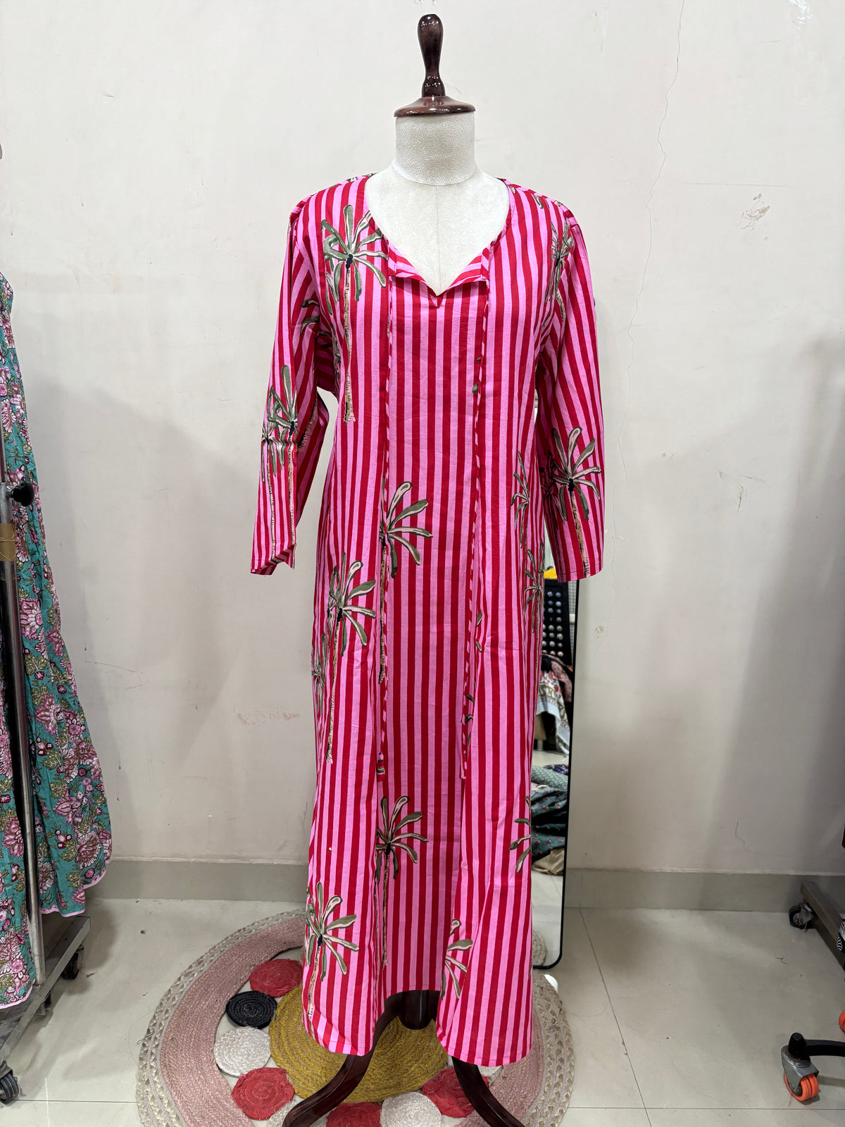 Pink Striped Palm Printed Dress