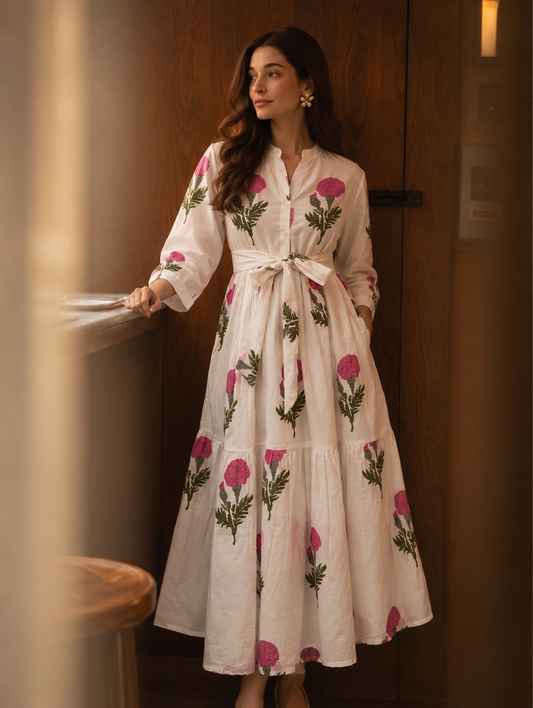 Elegant Pink Botanical Lined Maxi Dress