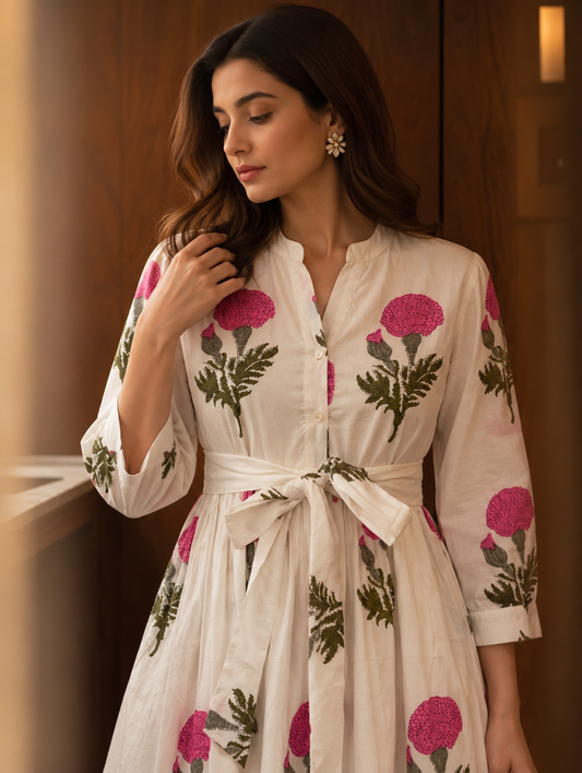 Elegant Pink Botanical Lined Maxi Dress