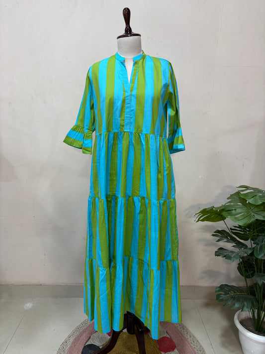 Blue & Green Striped Tiered Maxi Dress