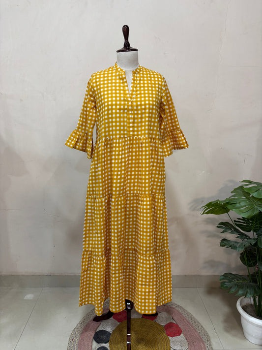 Mustard Checkered Tiered Maxi Dress
