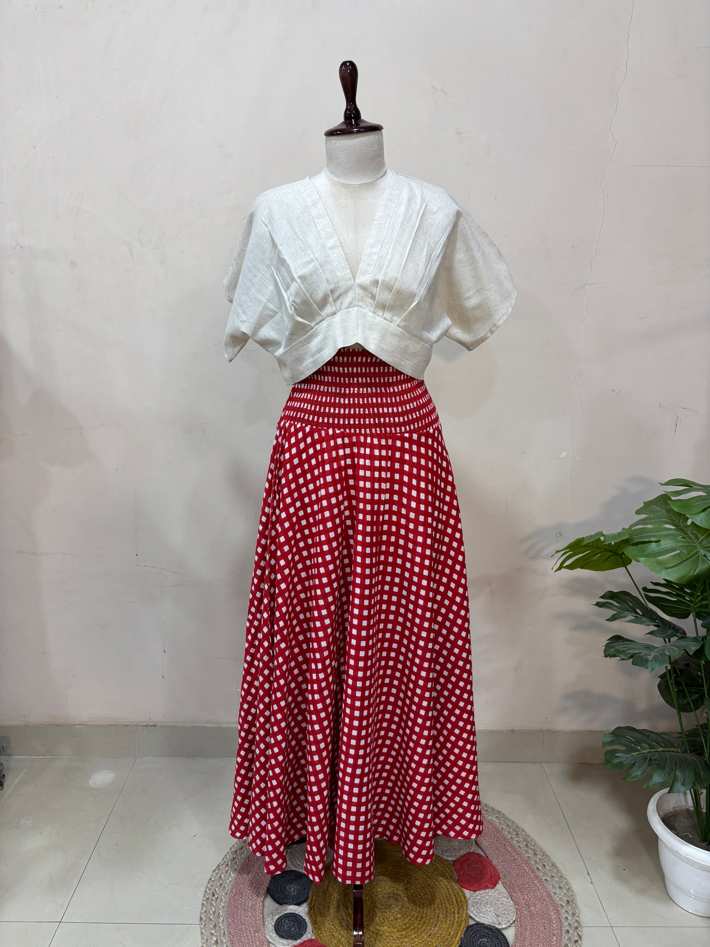 Rosso Gingham Flare Skirt with Ivory Top Set