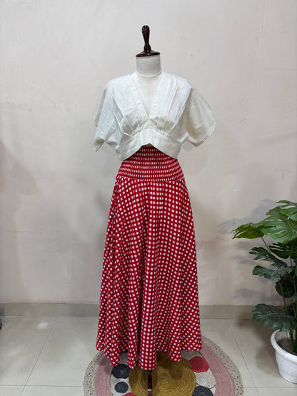 Rosso Gingham Flare Skirt with Ivory Top Set