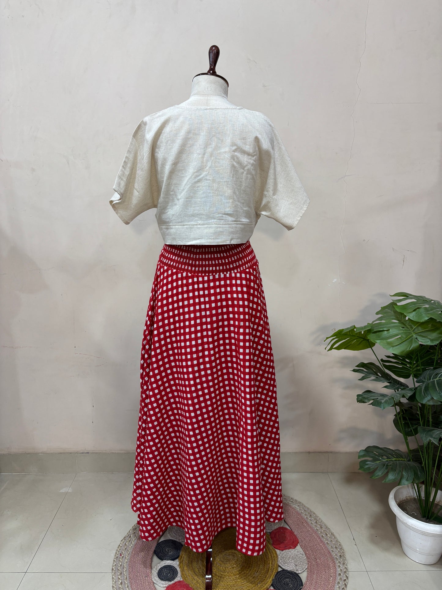 Rosso Gingham Flare Skirt with Ivory Top Set