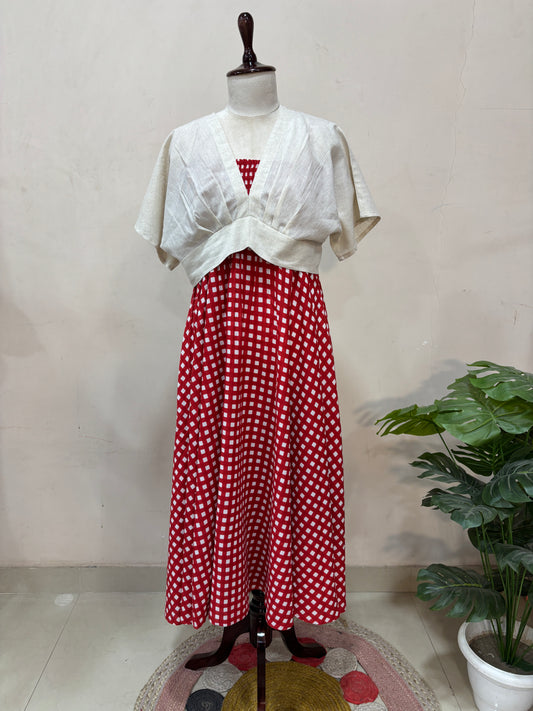 Rosso Gingham Flare Skirt with Ivory Wrap Blouse Set