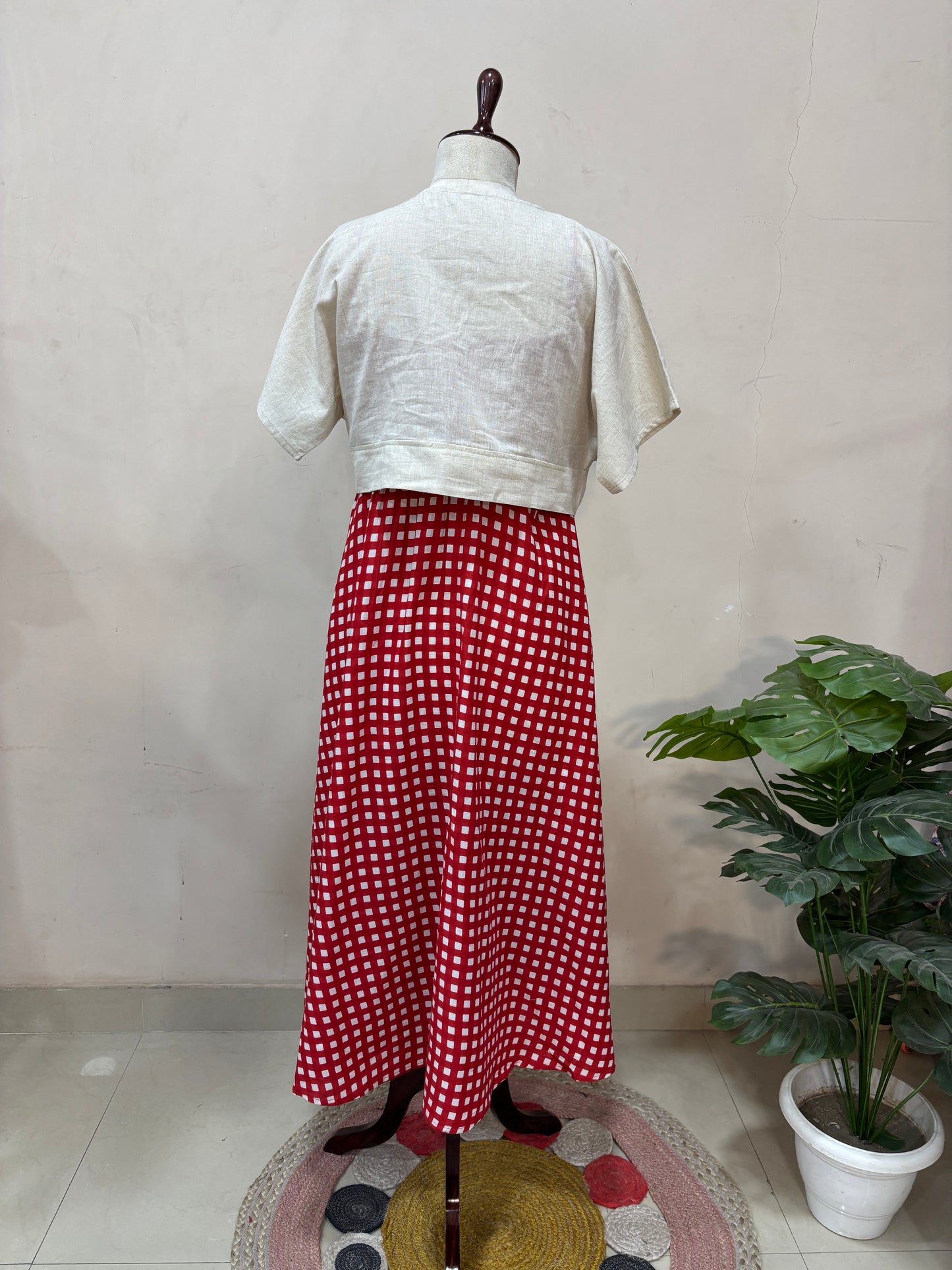 Rosso Gingham Flare Skirt with Ivory Top Set