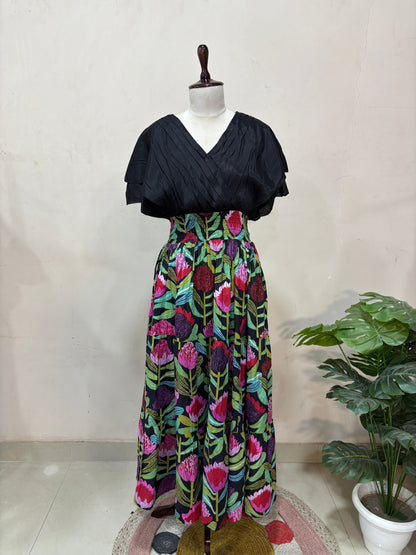 Black V-Neck Floral Midi Dress