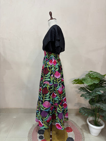 Black V-Neck Floral Midi Dress