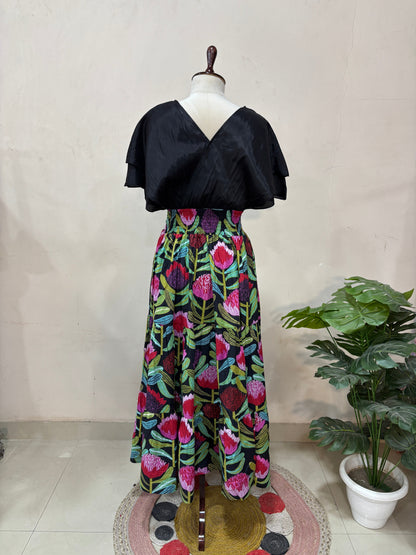 Black V-Neck Floral Midi Dress