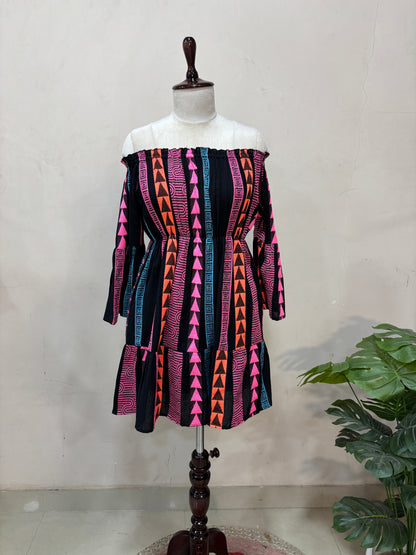 Black Off-Shoulder Printed Mini Dress
