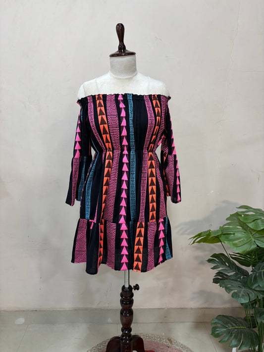 Black Off-Shoulder Printed Mini Dress