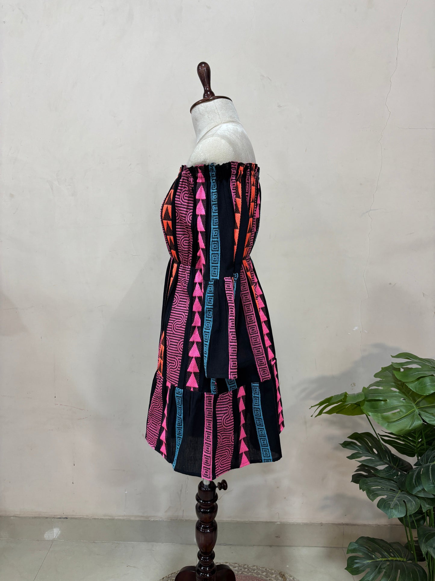 Black Off-Shoulder Printed Mini Dress