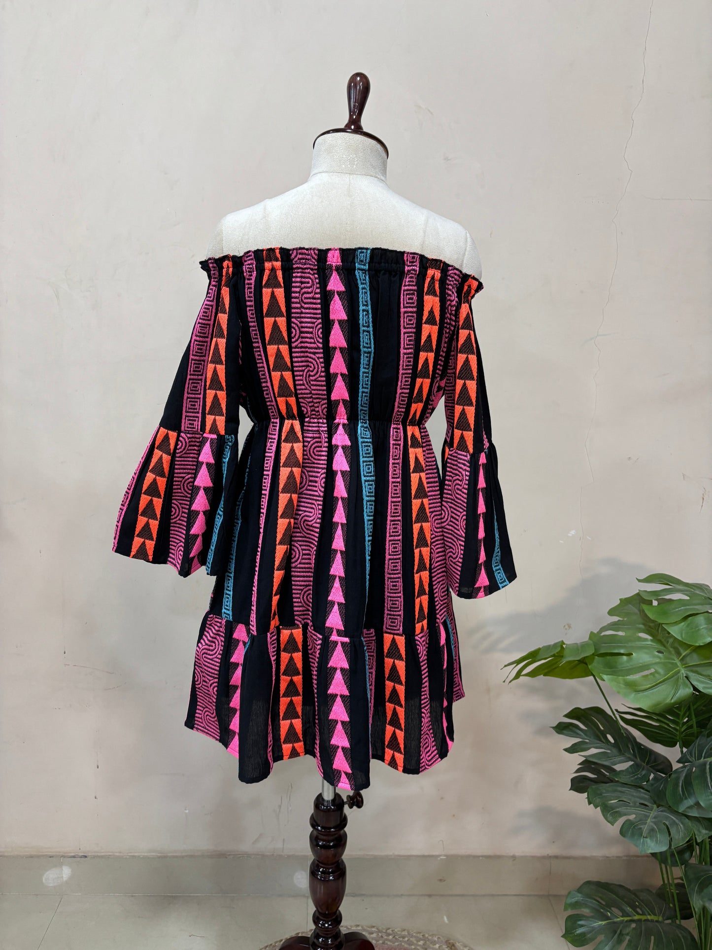 Black Off-Shoulder Printed Mini Dress