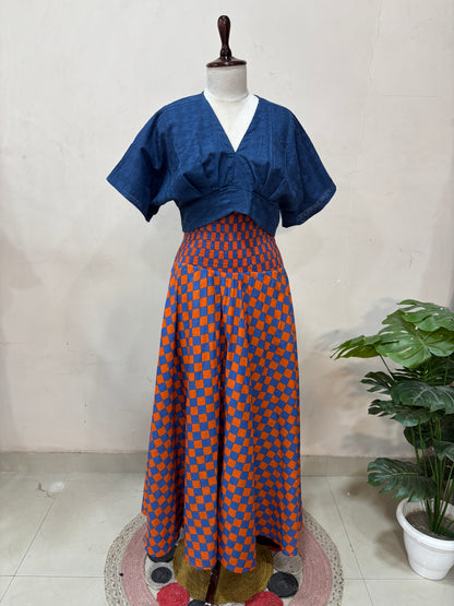Rust & Blue Checkered Skirt Top Set