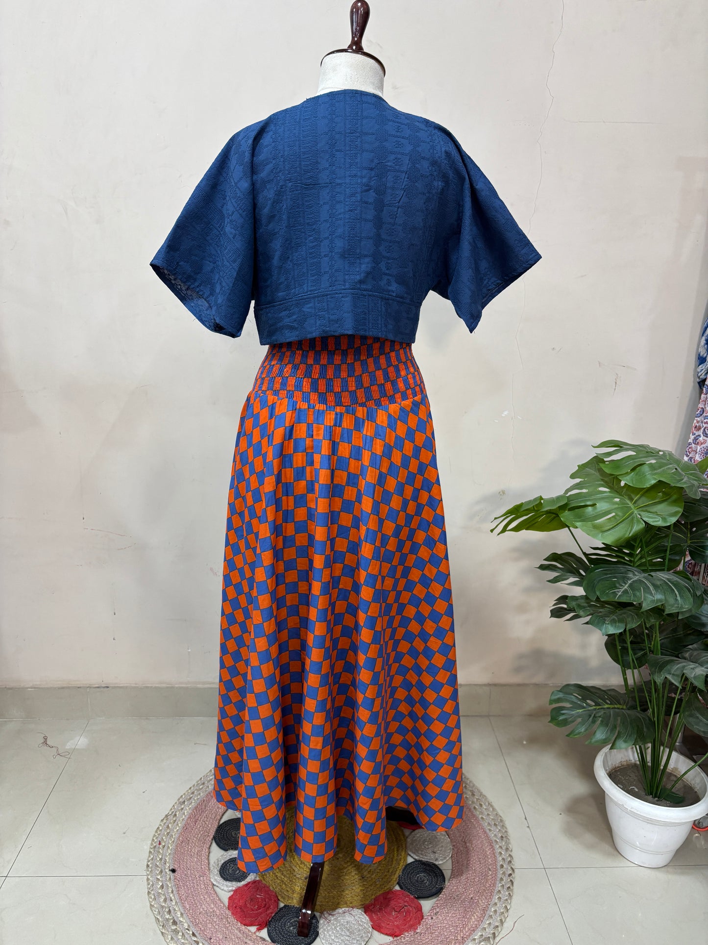 Rust & Blue Checkered Skirt Top Set