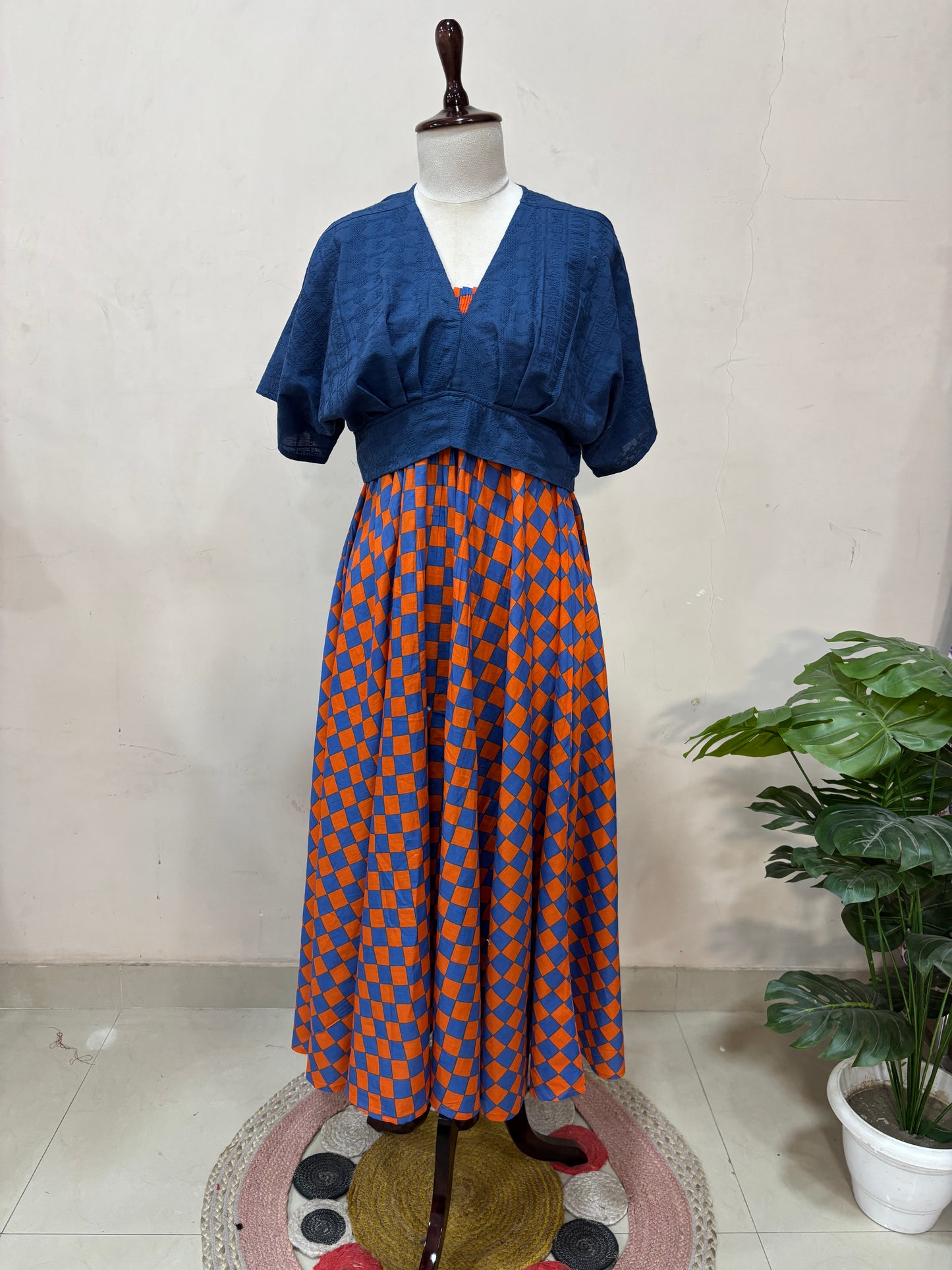 Rust & Blue Checkered Skirt Top Set