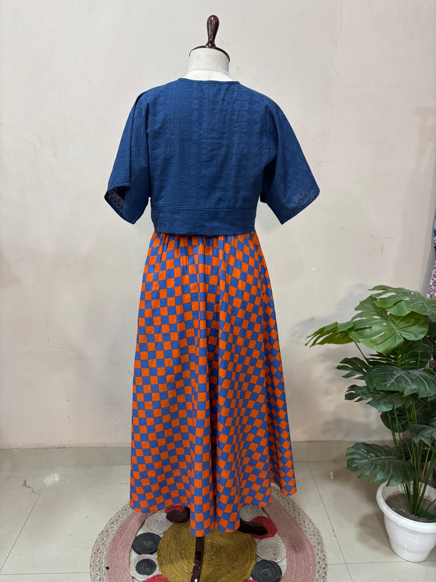 Rust & Blue Checkered Skirt Top Set