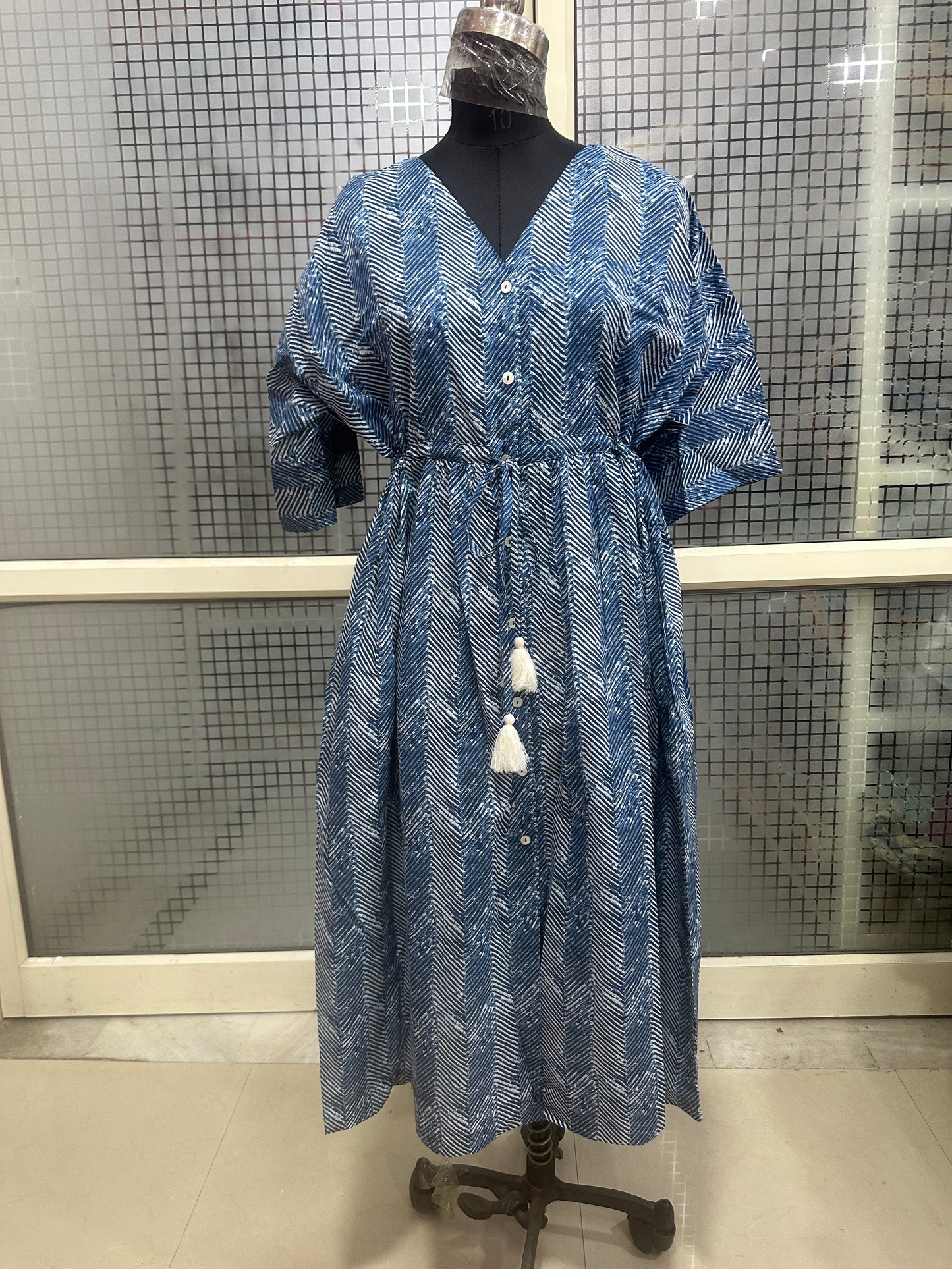 Blue Chevron Print Button-Down Dress