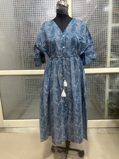 Blue Chevron Print Button-Down Dress