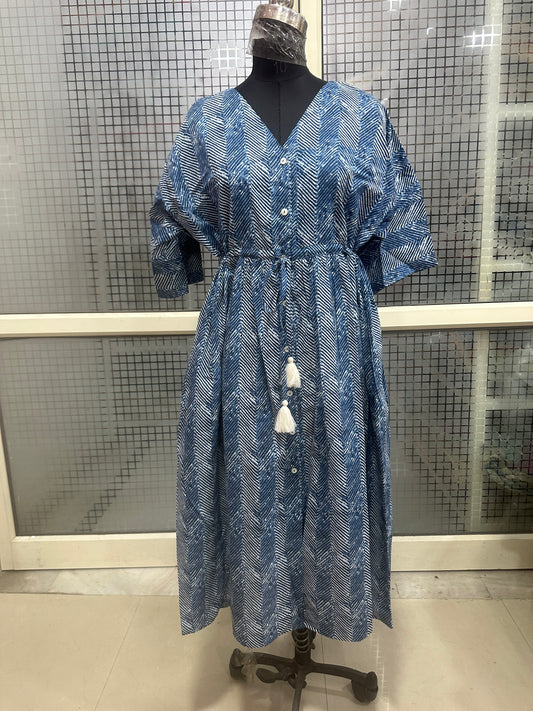 Blue Chevron Print Button-Down Dress