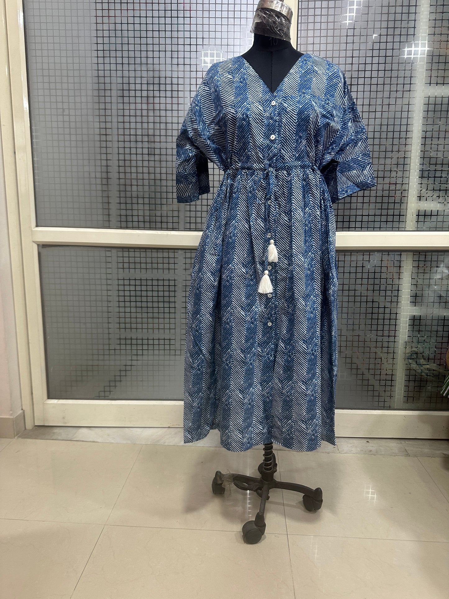 Blue Chevron Print Button-Down Dress