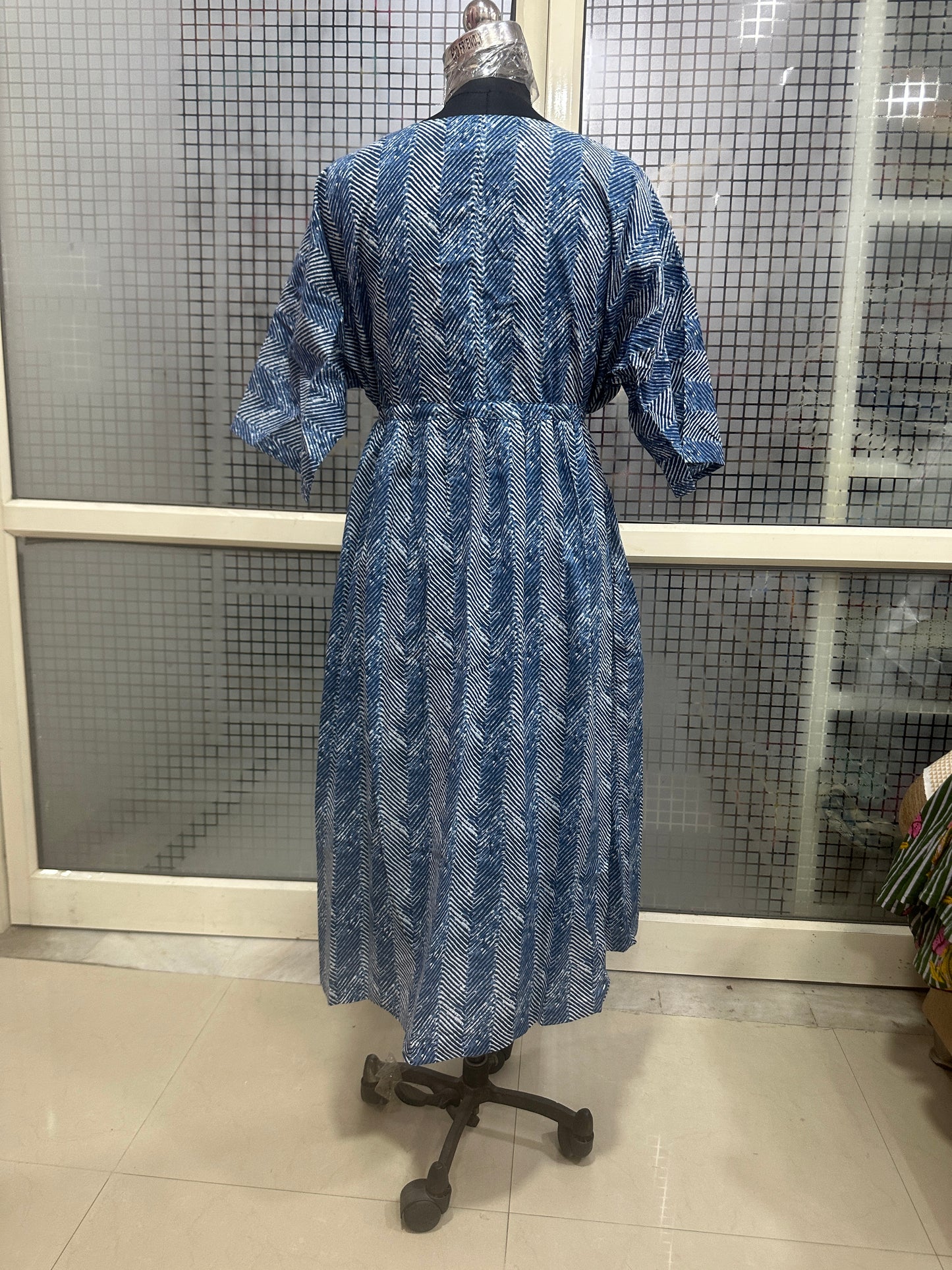 Blue Chevron Print Button-Down Dress