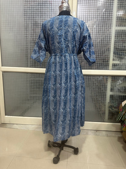 Blue Chevron Print Button-Down Dress