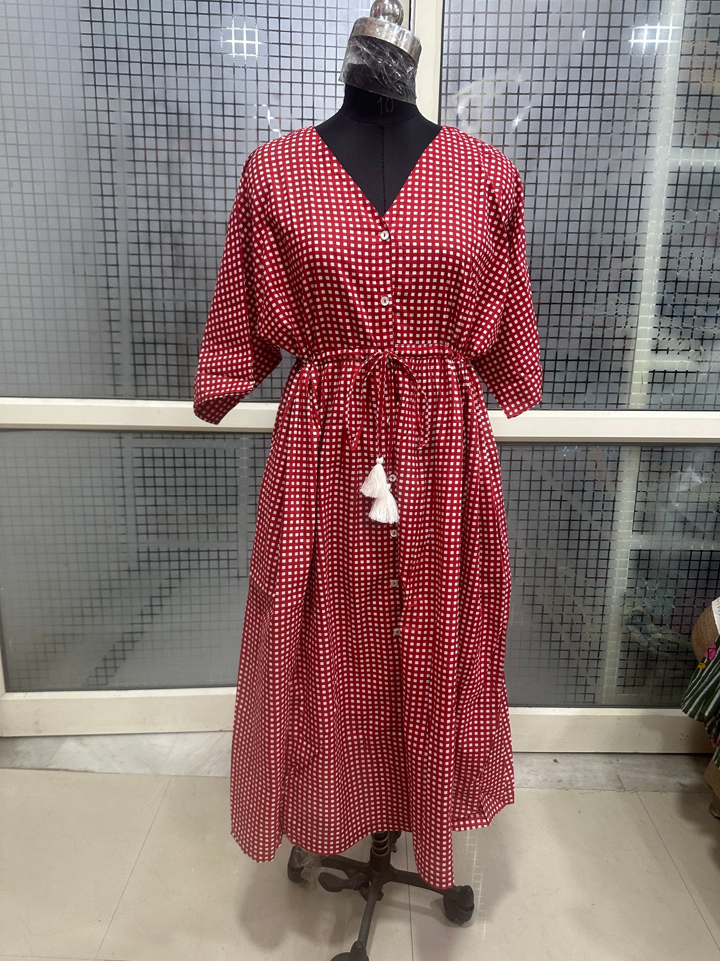 Red Checkered Button-Down Dress