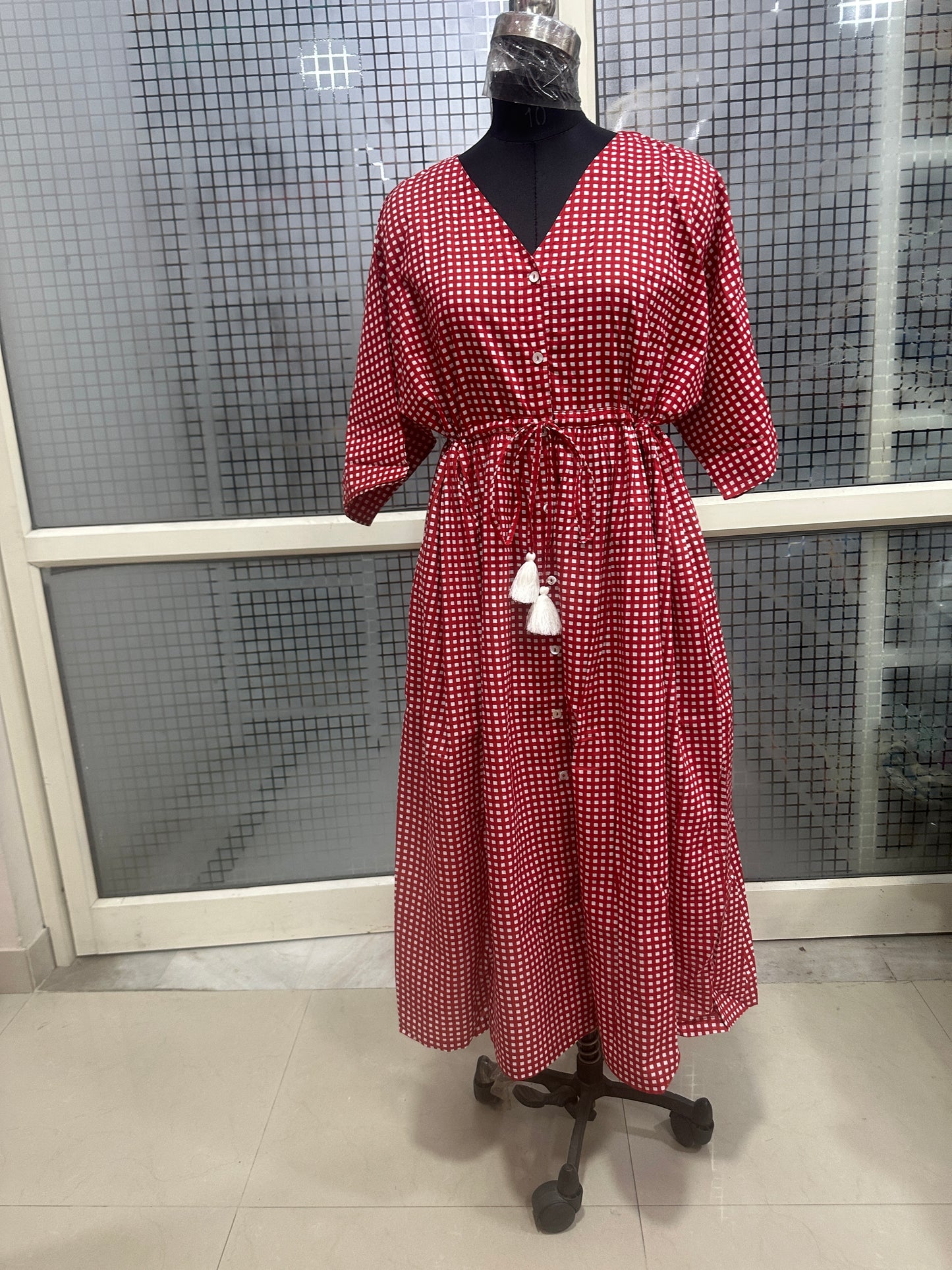 Red Checkered Button-Down Dress