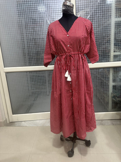 Red Checkered Button-Down Dress