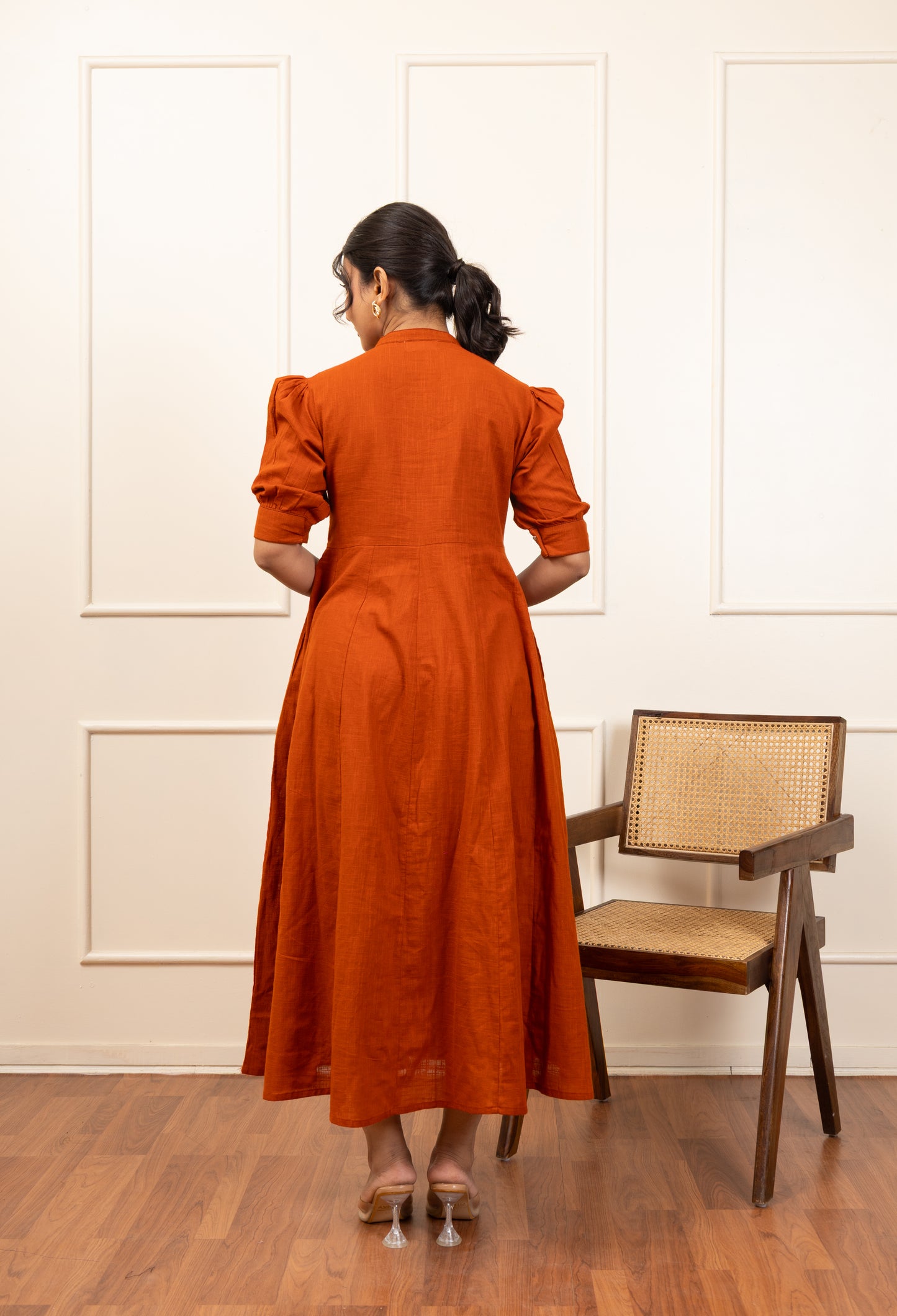 Rust Pleated Midi Dress with Button Detail