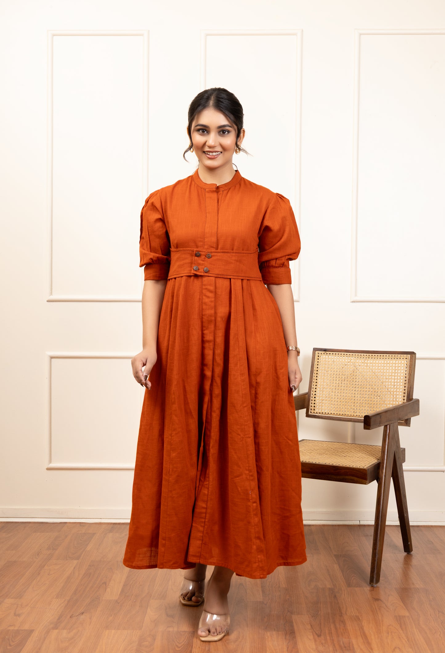 Rust Pleated Midi Dress with Button Detail