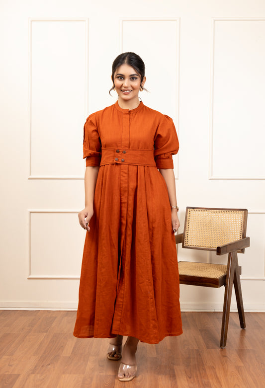 Rust Pleated Midi Dress with Button Detail