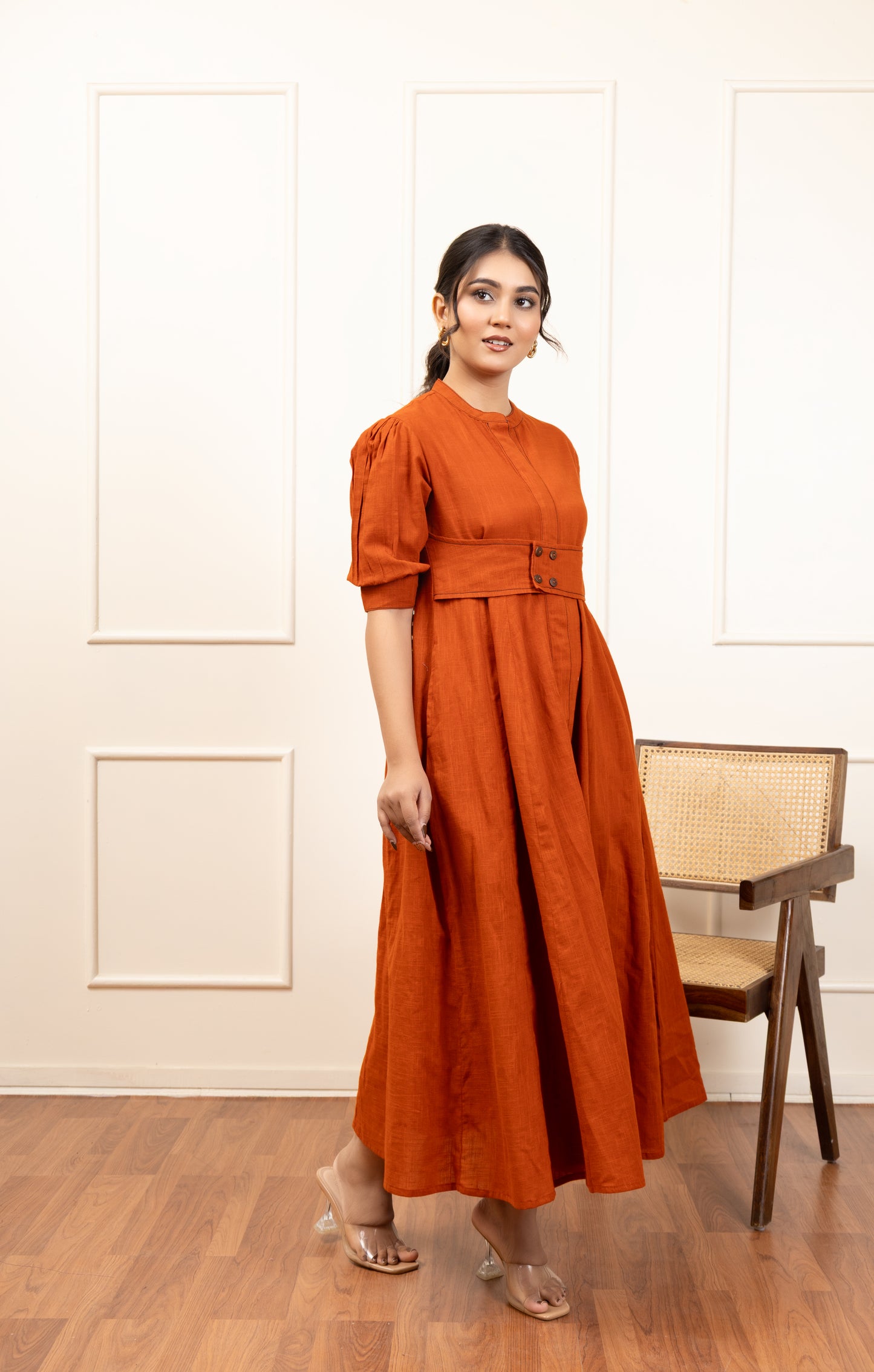 Rust Pleated Midi Dress with Button Detail