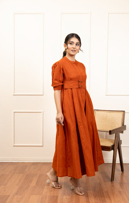 Rust Pleated Midi Dress with Button Detail