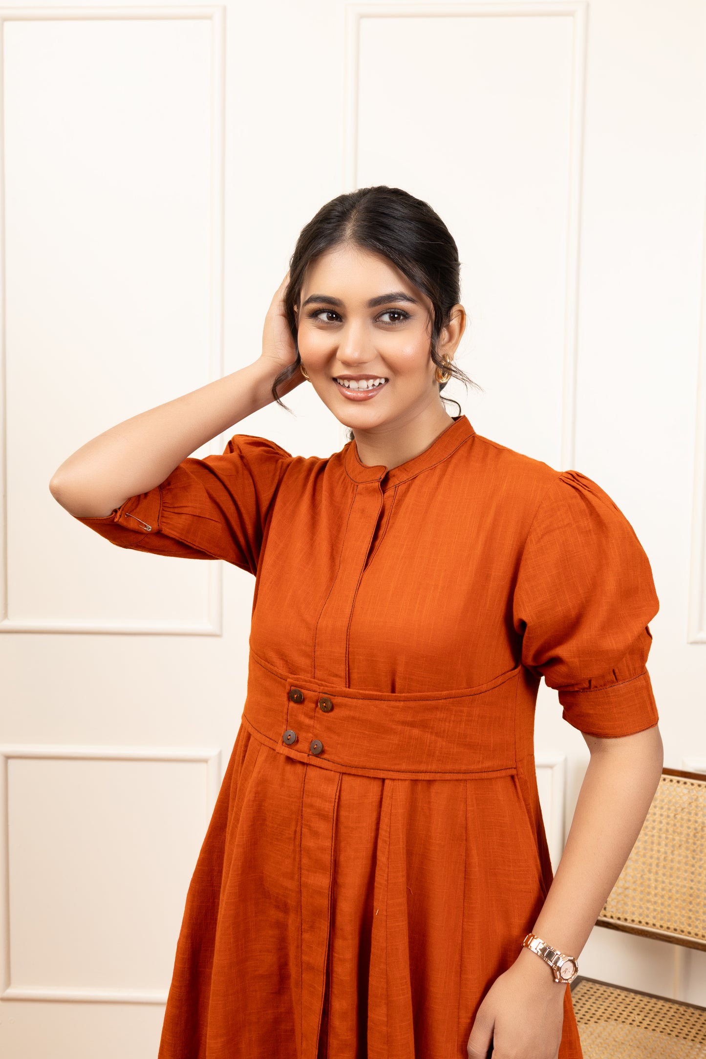 Rust Pleated Midi Dress with Button Detail
