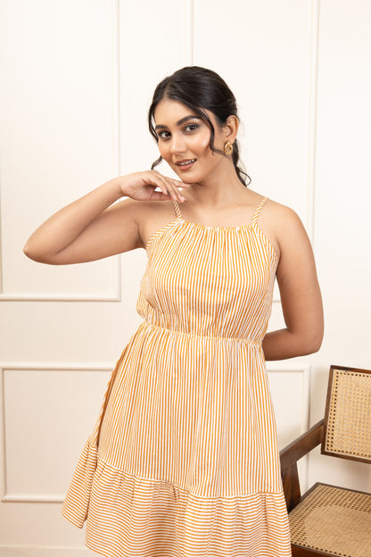 Yellow Striped Spaghetti Strap Mini Dress